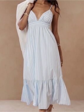 Banana Republic Cotton Poplin Striped Blue White Maxi Dress V Neck Size M NWT